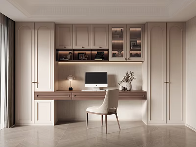 Modern Home Office Desk With Computer Lamp Small Plant Cabinets And Minimalist Interior 3d model