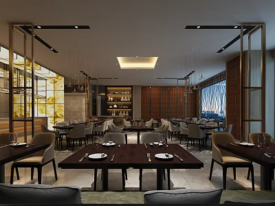 Modern Restaurant Interior Design With Comfortable Chairs Wooden Tables And Pendant Lights 3d model