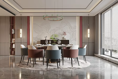 New Chinese Restaurant Dining Table and Chair Round Dining Table Dining Chair Single Chair Backwall Sideboard Cabinet 3d model