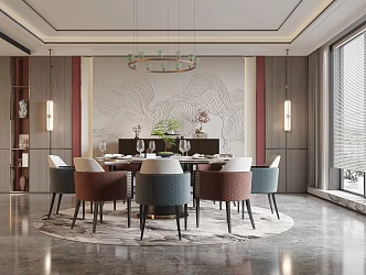 New Chinese Restaurant Dining Table and Chair Round Dining Table Dining Chair Single Chair Backwall Sideboard Cabinet 3d model