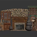 Rustic Medieval Interior With Fireplace Stacked Logs Cabinet Cauldron And Scroll