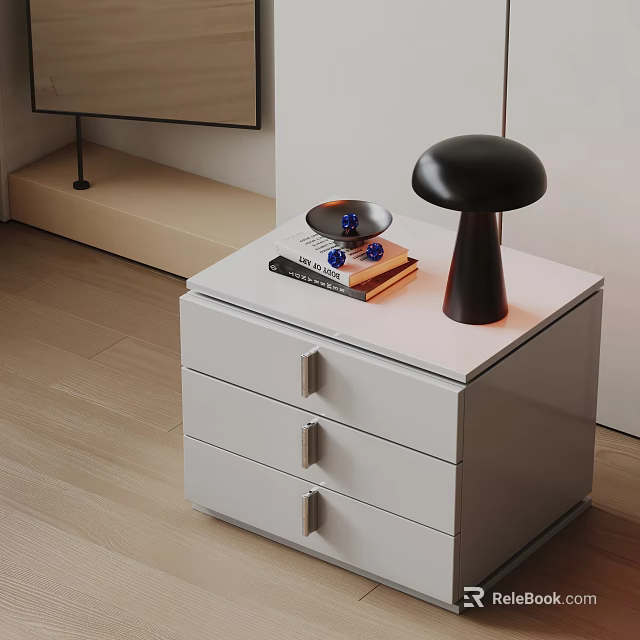 Modern White Nightstand With Three Drawers Metal Handles Black Mushroom Lamp Books And Plate 3d model 
