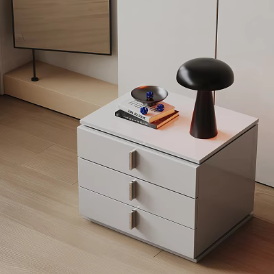 Modern White Nightstand With Three Drawers Metal Handles Black Mushroom Lamp Books And Plate 3d model