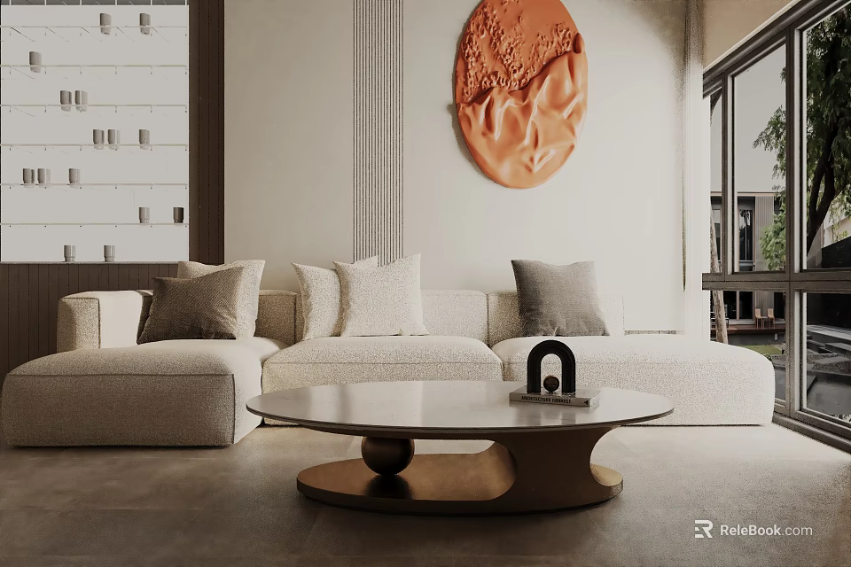 Modern Living Room With Beige Three Seater Sofa Round Coffee Table And Decorative Wall Art 3d model 