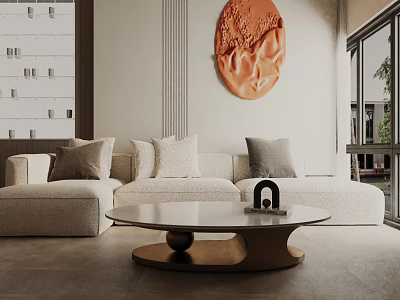 Modern Living Room With Beige Three Seater Sofa Round Coffee Table And Decorative Wall Art 3d model