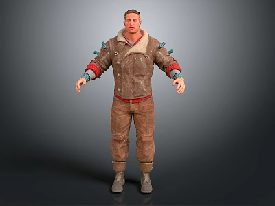 Man In Brown Jacket With Fur Collar Blue Accents Brown Pants And Gray Boots Standing 3d model