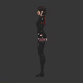 Female Character In Black Bodysuit With Red Shoulders Standing Against Black Background With Small Objects