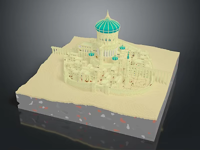 Cartoon Scenery Featuring Green Dome Building And Small Surrounding Buildings On Sand Base With Spots 3d model