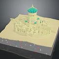 Cartoon Scenery Featuring Green Dome Building And Small Surrounding Buildings On Sand Base With Spots