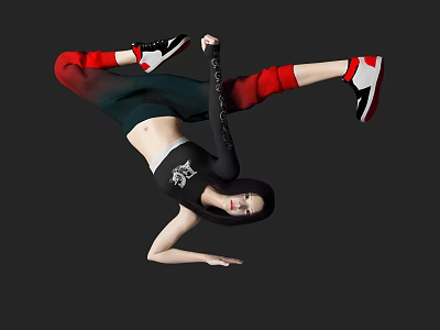 Woman Doing Inverted Breakdancing Pose With Black Crop Top Green Pants Red Leg Warmers Sneakers 3d model