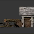 Wood and Stone Rustic Scene with Cabin Stacked Logs Barrels Cart and Stump