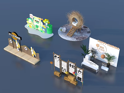 Creative Exhibition Booth Design With Wooden Stands Green Structures Bird Nest Installation And Plant Decorations 3d model