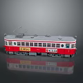 Vintage Red and White Train Model with Japanese Characters on Side Displayed on Gray Background