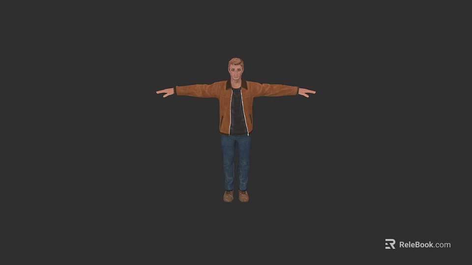 Man With Outstretched Arms Wearing Brown Jacket Blue Jeans And Brown Shoes On Black Background 3d model 
