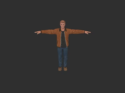Man With Outstretched Arms Wearing Brown Jacket Blue Jeans And Brown Shoes On Black Background 3d model