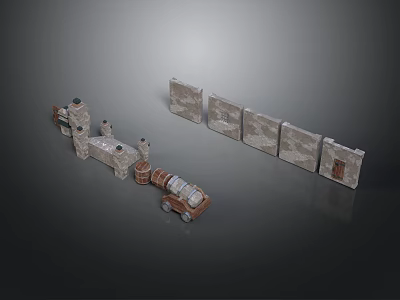 Detailed Medieval Stone Castle Model With Towers Walls And Wooden Cart 3d model
