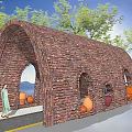 Red Brick Arched Pergola with Multiple Openings Surrounded by Trees and Mountains Under Blue Sky 3d model