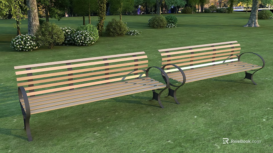 Public Benches With Wooden Slats And Metal Frames On Green Lawn With Trees And Bushes 3d model 