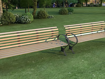 Public Benches With Wooden Slats And Metal Frames On Green Lawn With Trees And Bushes 3d model