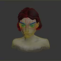 3D Female Character Bust Model With Black Hair Fur Shoulders And Gray Background
