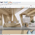 Modern Office Lobby With Wooden Geometric Reception Desk Two Computers And Hanging Lights