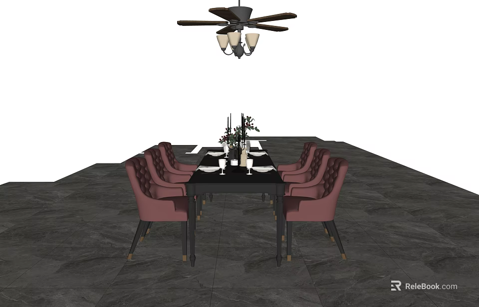 Elegant Dining Table Set With Pink Upholstered Armchairs Dark Wood Table And Ceiling Fan Light 3d model 
