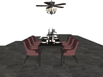 Elegant Dining Table Set With Pink Upholstered Armchairs Dark Wood Table And Ceiling Fan Light 3d model