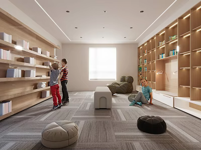 Children's Library Interior Design With Wooden Shelves And Kids Interaction 3d model