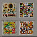Artistic Wall Flags With Sunflower Geometric Floral Patterns And City Names