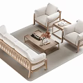 Modern Light Colored Sofa and Coffee Table Set with Wooden Frame and Decorative Items 3d model