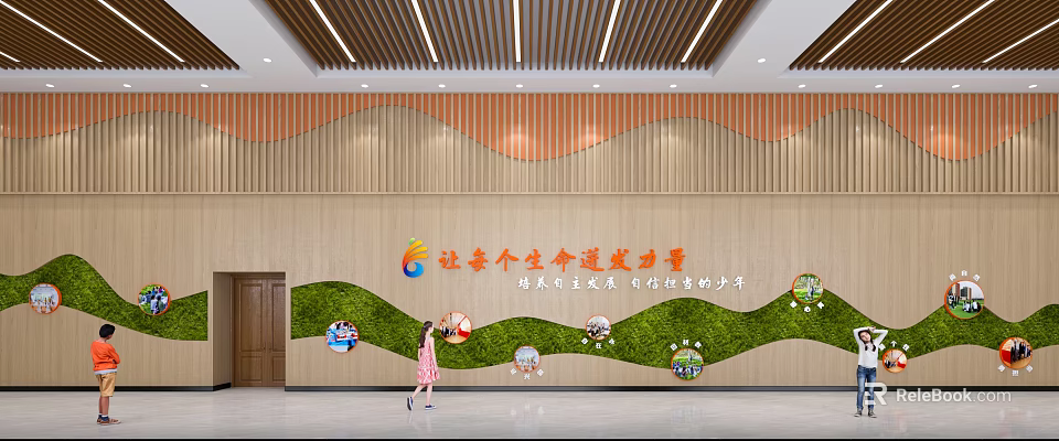 School Learning Space Nurturing Student Potential With Wooden Wave Green Wall Decor 3d model