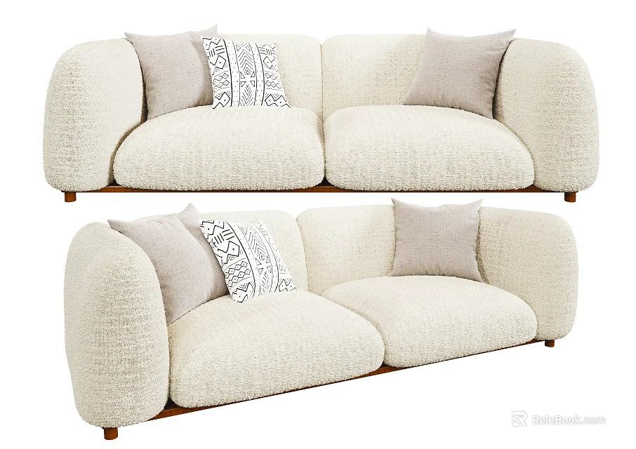 Soft Fluffy Two Seater Sofa In Cream Color With Decorative Pillows And Wooden Legs 3d model 