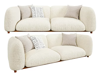 Soft Fluffy Two Seater Sofa In Cream Color With Decorative Pillows And Wooden Legs 3d model