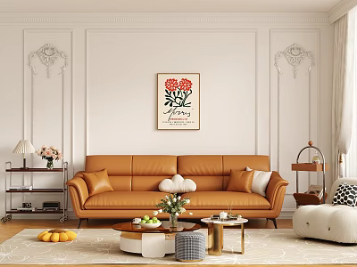 Modern Living Room Interior With Orange Sofa Decorative Artwork Coffee Table And Rug 3d model