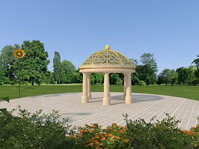 Ornate Gazebo With Golden Roof In Lush Green Park Surrounded By Trees And Flowers 3d model