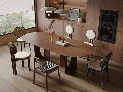 Modern Dining Room Interior With Wooden Oval Table Various Chairs Pendant Lights And Window Blinds 3d model
