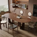 Modern Dining Room Interior With Wooden Oval Table Various Chairs Pendant Lights And Window Blinds