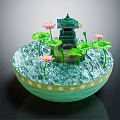 Decorative Water Bowl Landscape With Green Lotus Leaves Pink Flowers And Small Pavilion