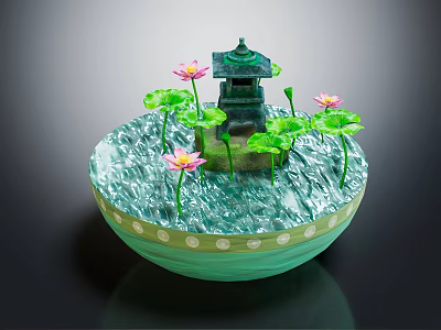 Decorative Water Bowl Landscape With Green Lotus Leaves Pink Flowers And Small Pavilion 3d model