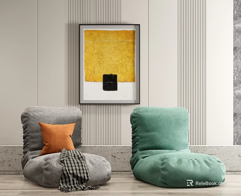 Gray and Green Bean Bag Chairs with Orange Cushion and Checkered Blanket in Modern Room 3d model 