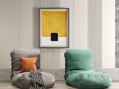 Gray and Green Bean Bag Chairs with Orange Cushion and Checkered Blanket in Modern Room 3d model