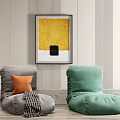 Gray and Green Bean Bag Chairs with Orange Cushion and Checkered Blanket in Modern Room