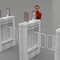 Woman in Red Top with Dark Skirt Operating White Turnstiles with Screen and Black Shoes