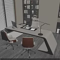 Modern Office Desk With Computer Lamp Two Orange White Chairs And Bookshelf In Bright Workspace