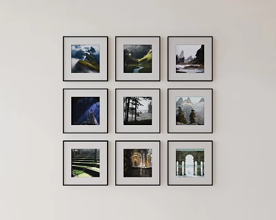 Nine Framed Landscape Paintings Hanging On White Wall As Decorative Art 3d model