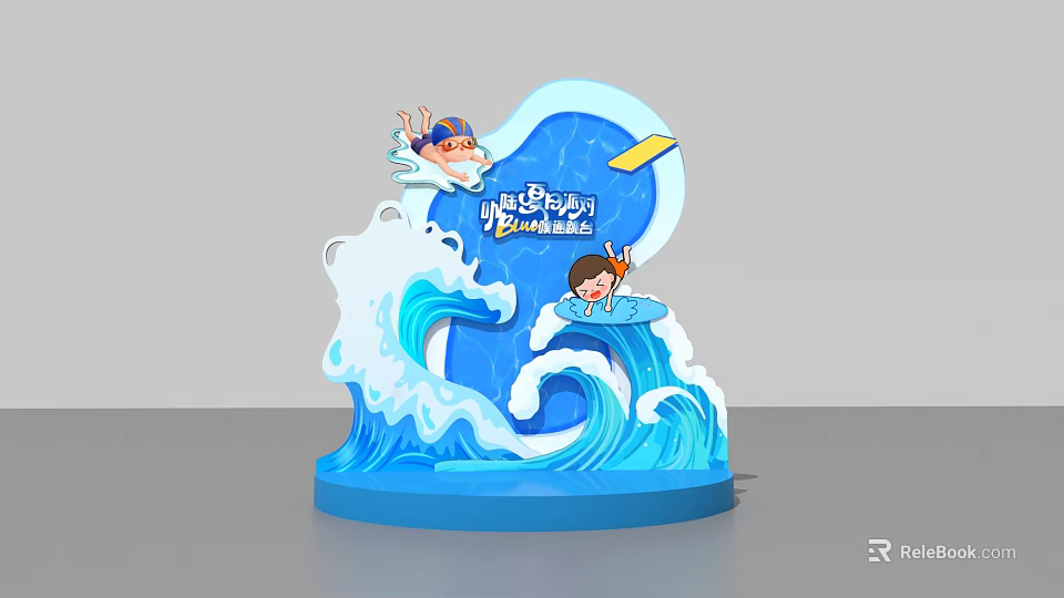 Little Fish Joy Themed Photo Spot With Blue Waves Swimming And Surfing Cartoon Characters 3d model 