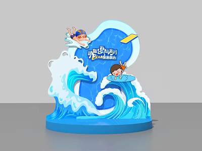 Little Fish Joy Themed Photo Spot With Blue Waves Swimming And Surfing Cartoon Characters 3d model