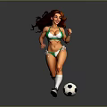 Active Female With Long Hair In Green Bikini Running With Soccer Ball On Gray Background