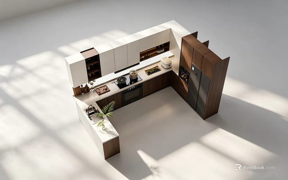 Modern Kitchen Layout With White And Wooden Cabinets And Island Counter 3d model 