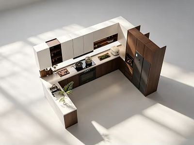 Modern Kitchen Layout With White And Wooden Cabinets And Island Counter 3d model